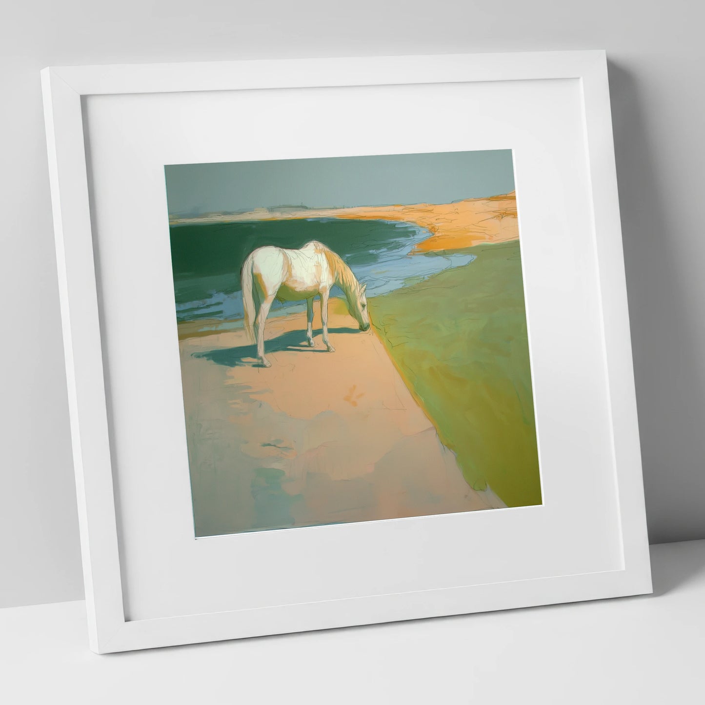 Quiet Pastures horse landscape art print in white frame