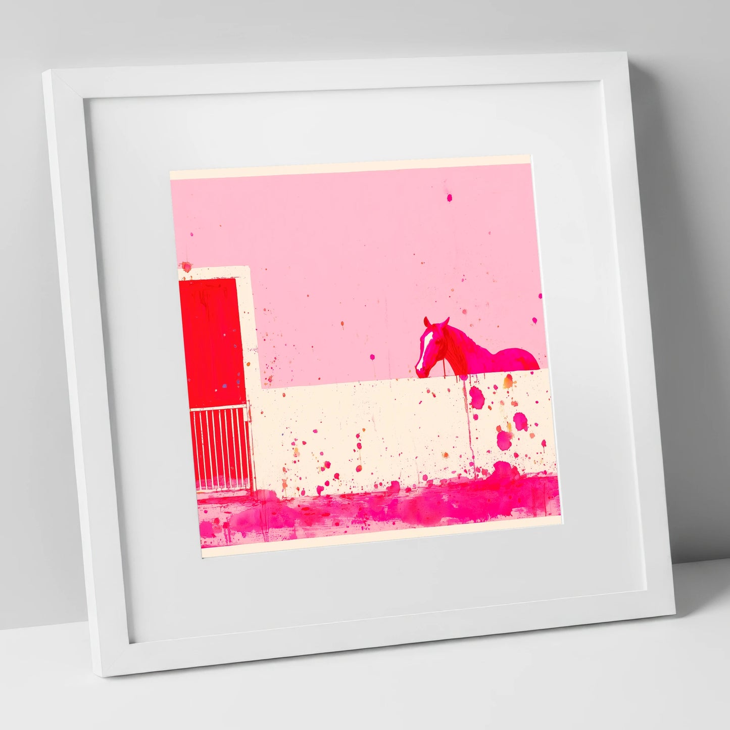 Crimson Doorway horse stable art print in white frame