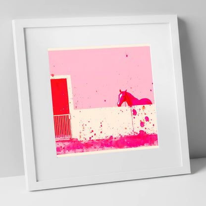 Crimson Doorway horse stable art print in white frame
