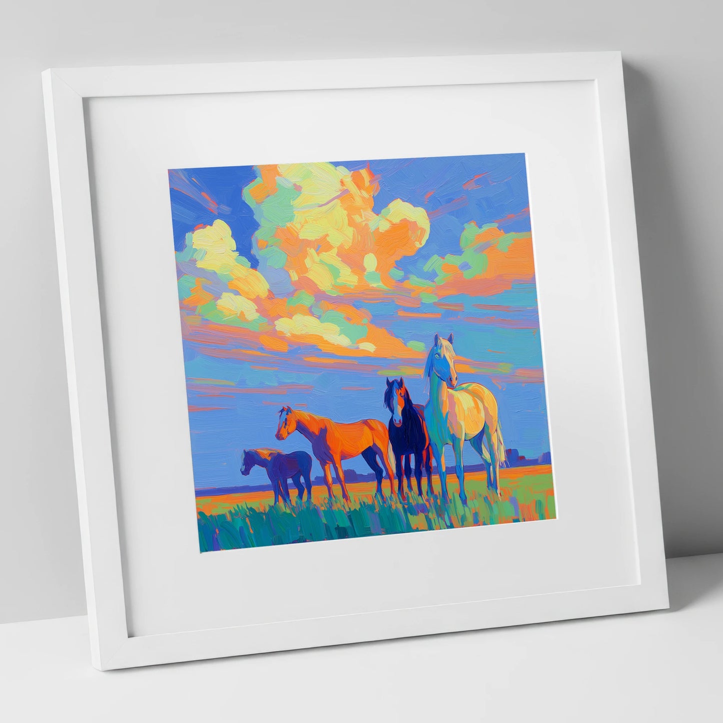Painted Horizon Herd horse landscape art print in white frame