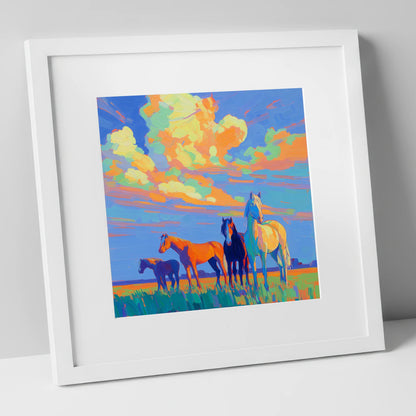Painted Horizon Herd horse landscape art print in white frame