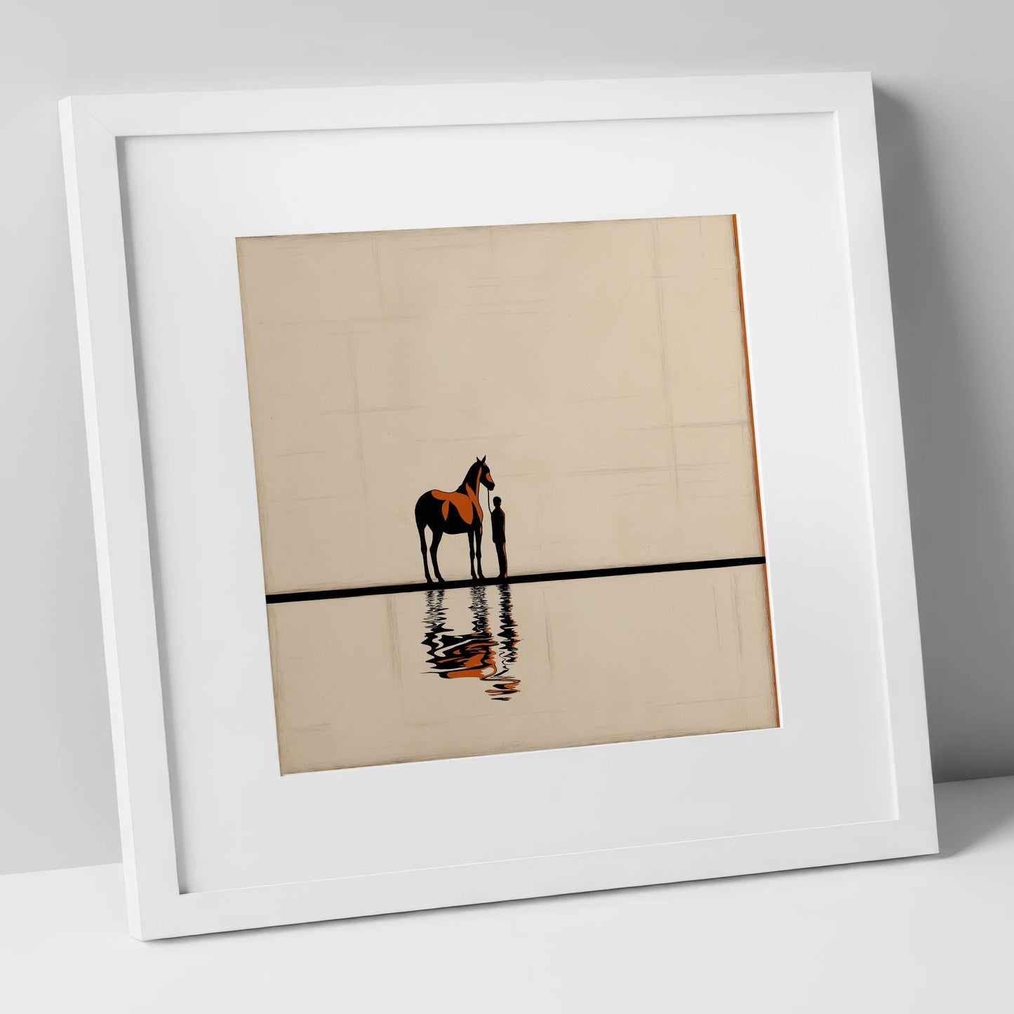 Reflected Bond horse & rider art print in white frame