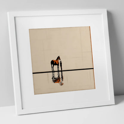 Reflected Bond horse & rider art print in white frame