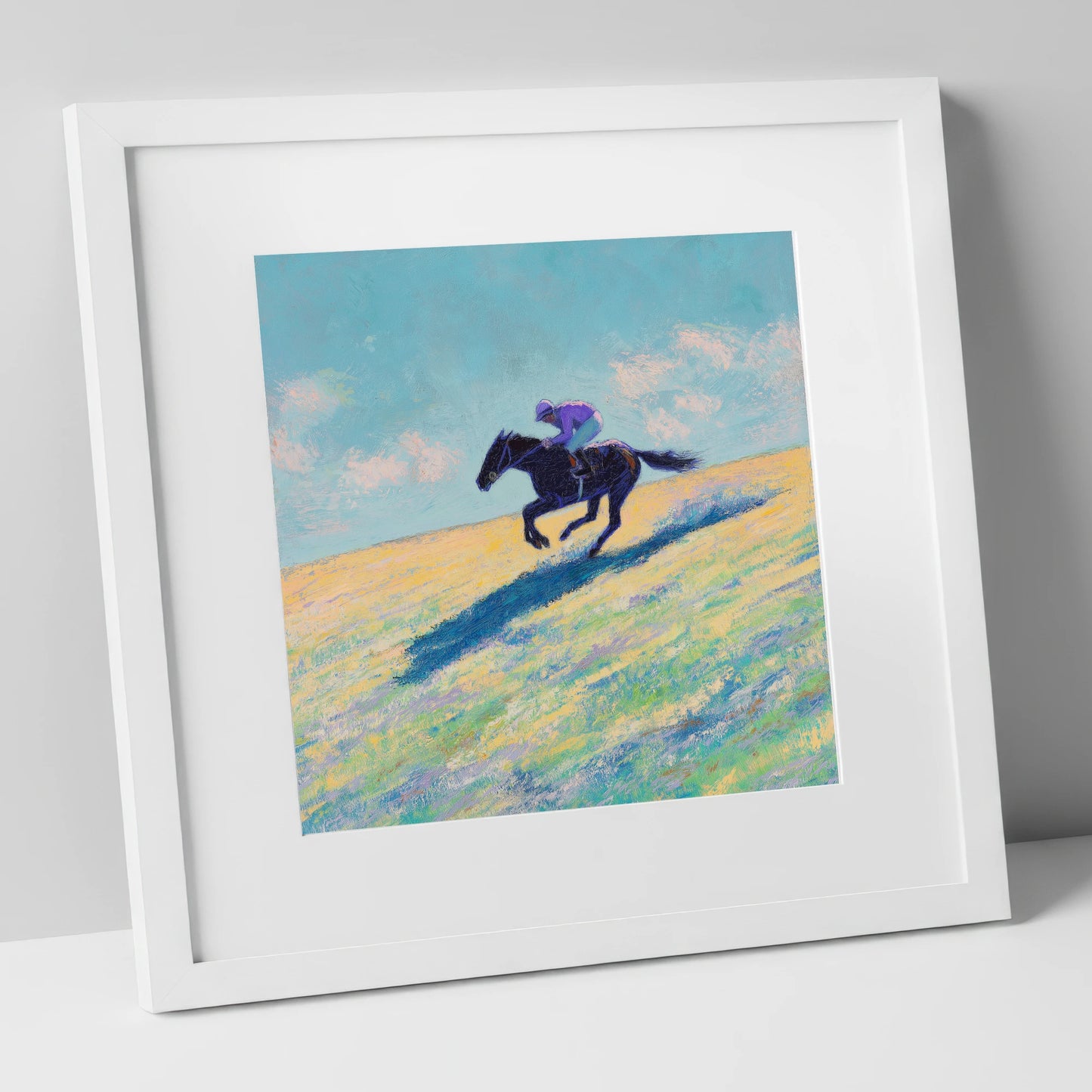 Gallop Across Gold racing horse art print in white frame
