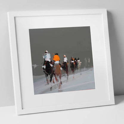 Through the Grey racing horse art print in white frame