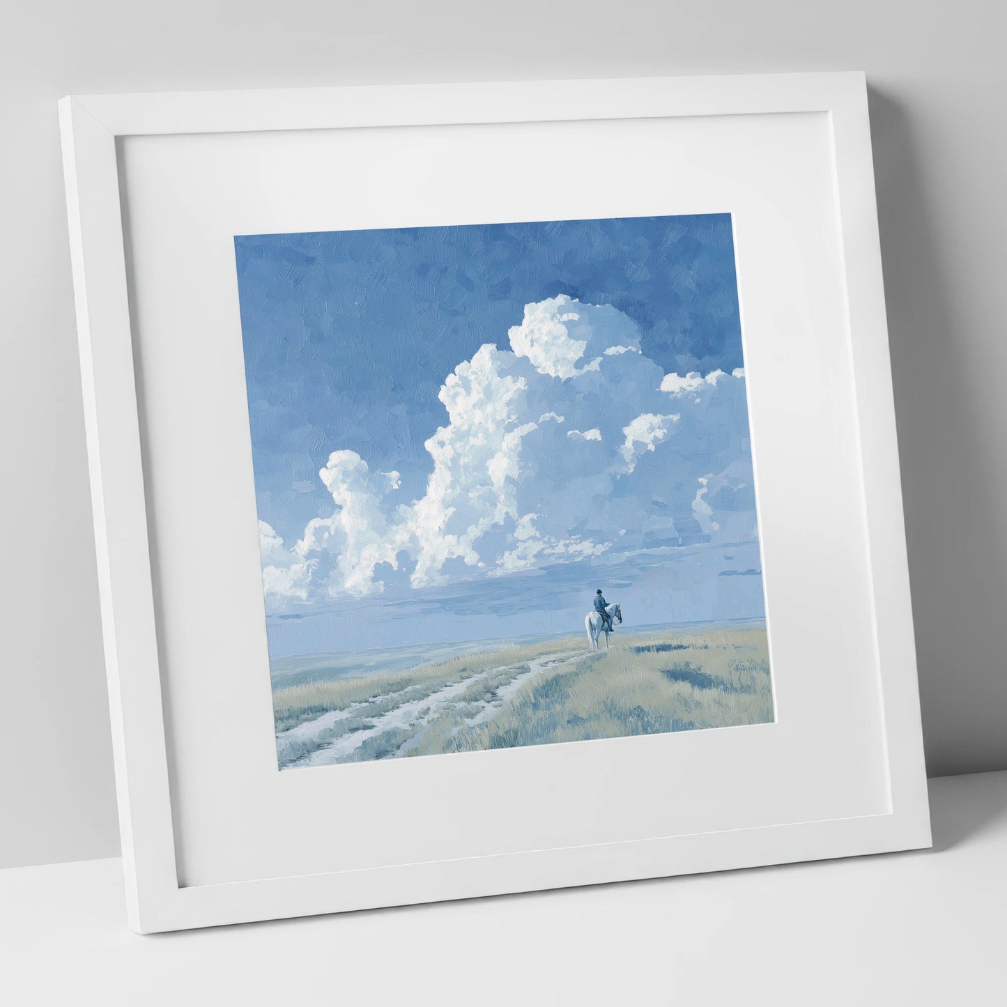 Vast Blue Horizon horse landscape art print in white frame