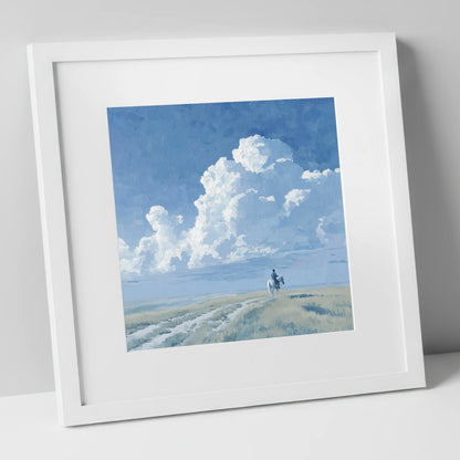 Vast Blue Horizon horse landscape art print in white frame