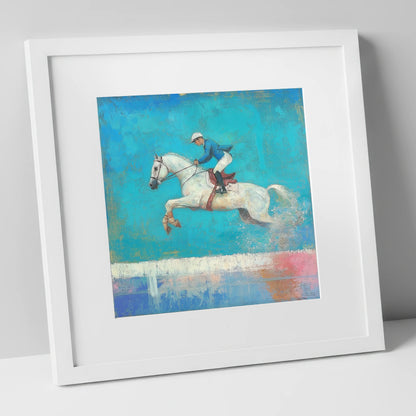 Flight in Turquoise show jumping horse art print in white frame