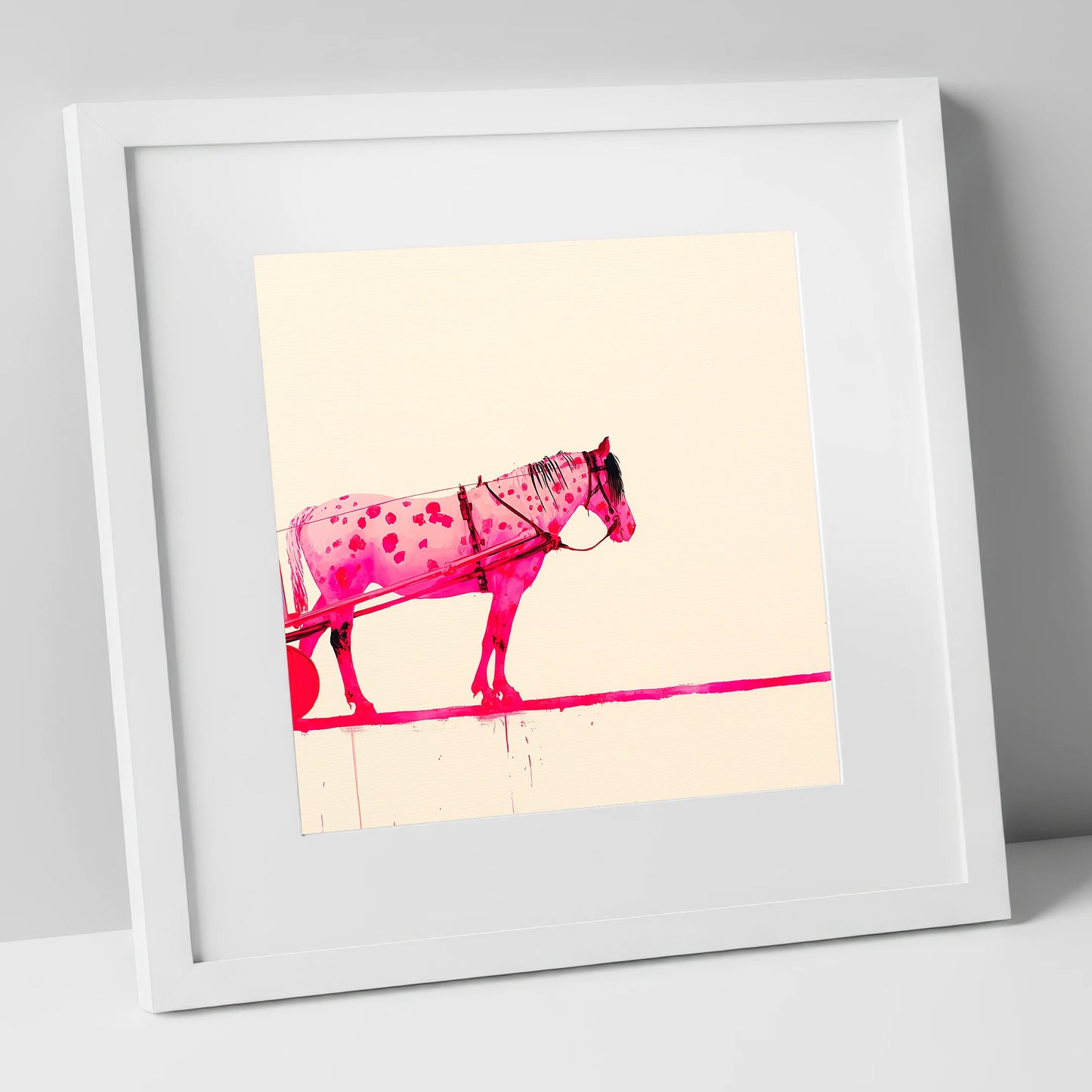 Vibrant Spotted Harness working horse art print in white frame