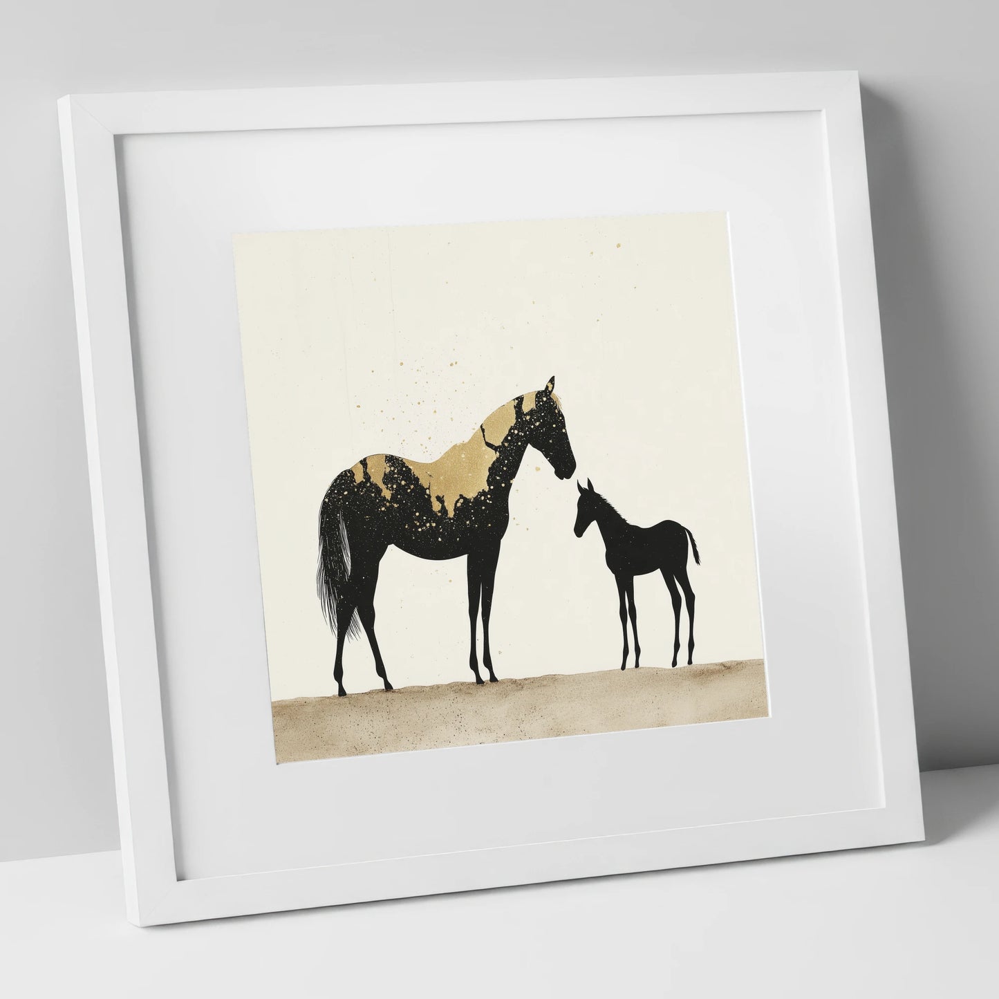 Gilded Bond mare & foal art print in white frame