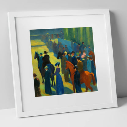 Paddock Gathering racing horse art print in white frame