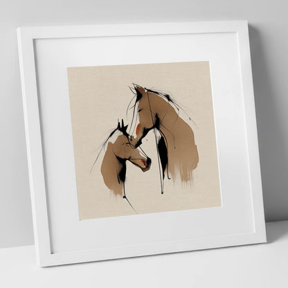 Tender Whispers mare & foal art print in white frame