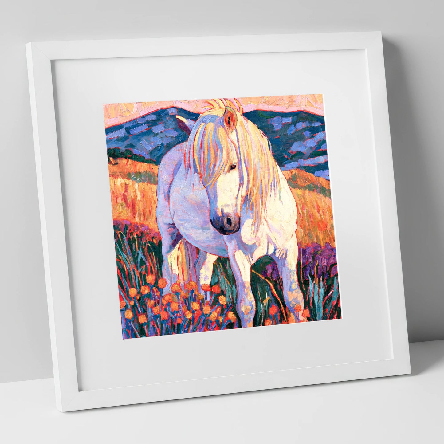 White Horse Among Orange Wildflowers horse breed art print in white frame