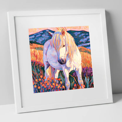 White Horse Among Orange Wildflowers horse breed art print in white frame