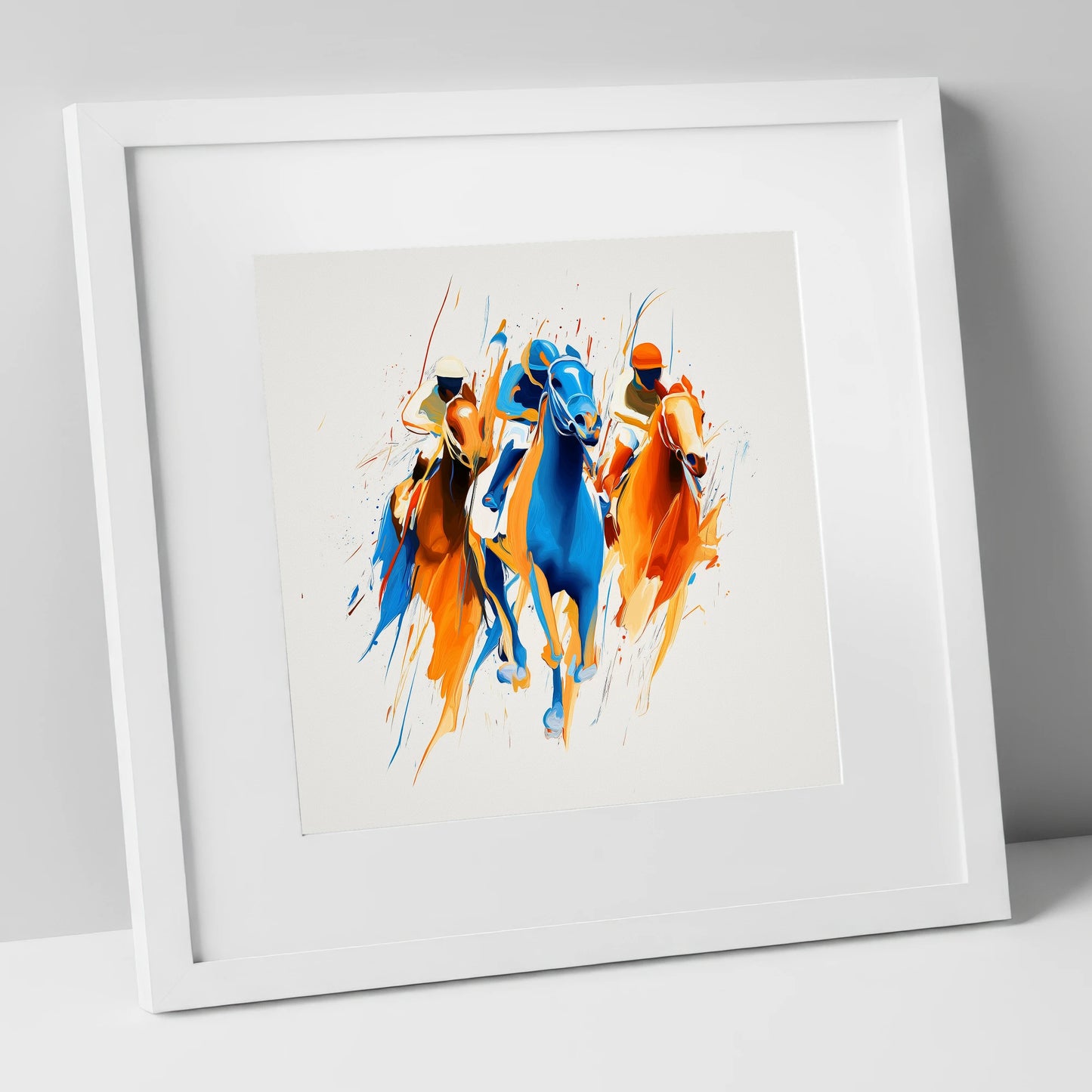 The Front Runners racing horse art print in white frame