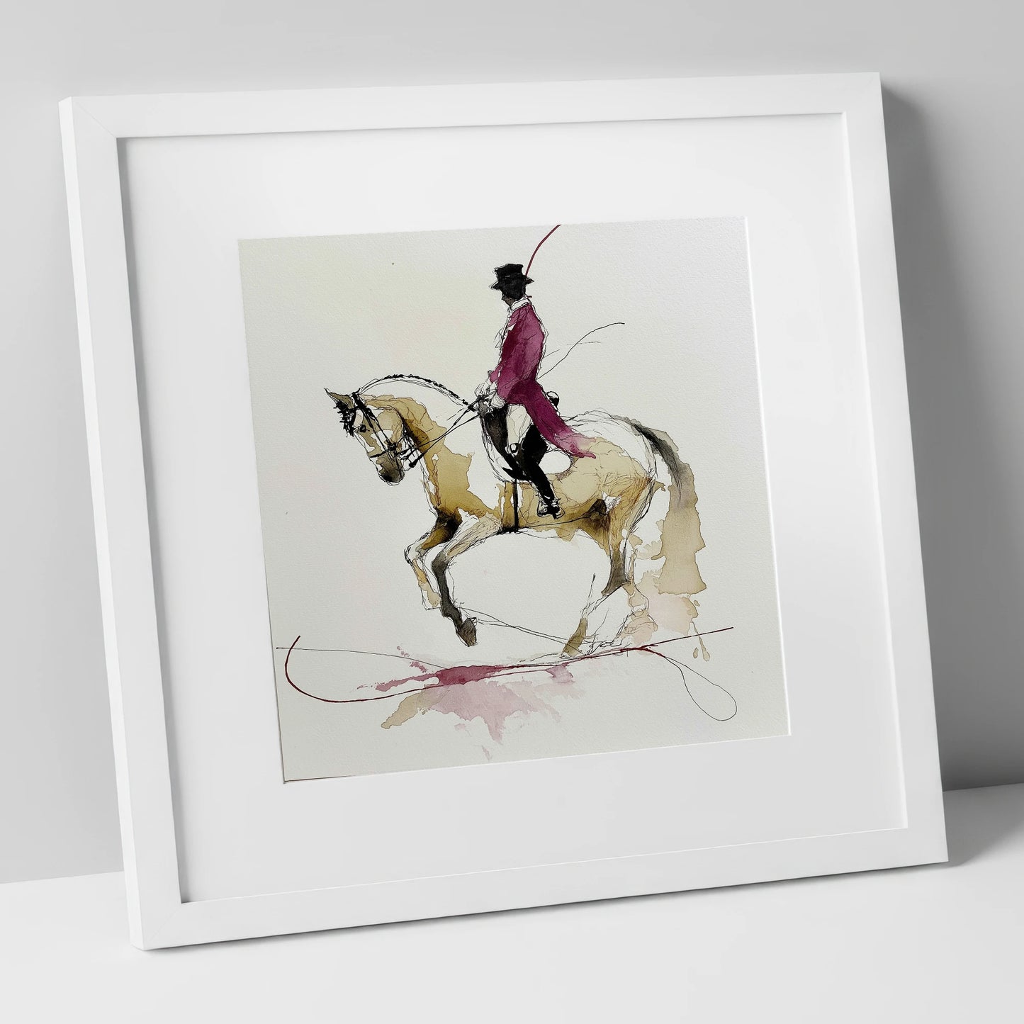 Poise and Passage dressage horse art print in white frame