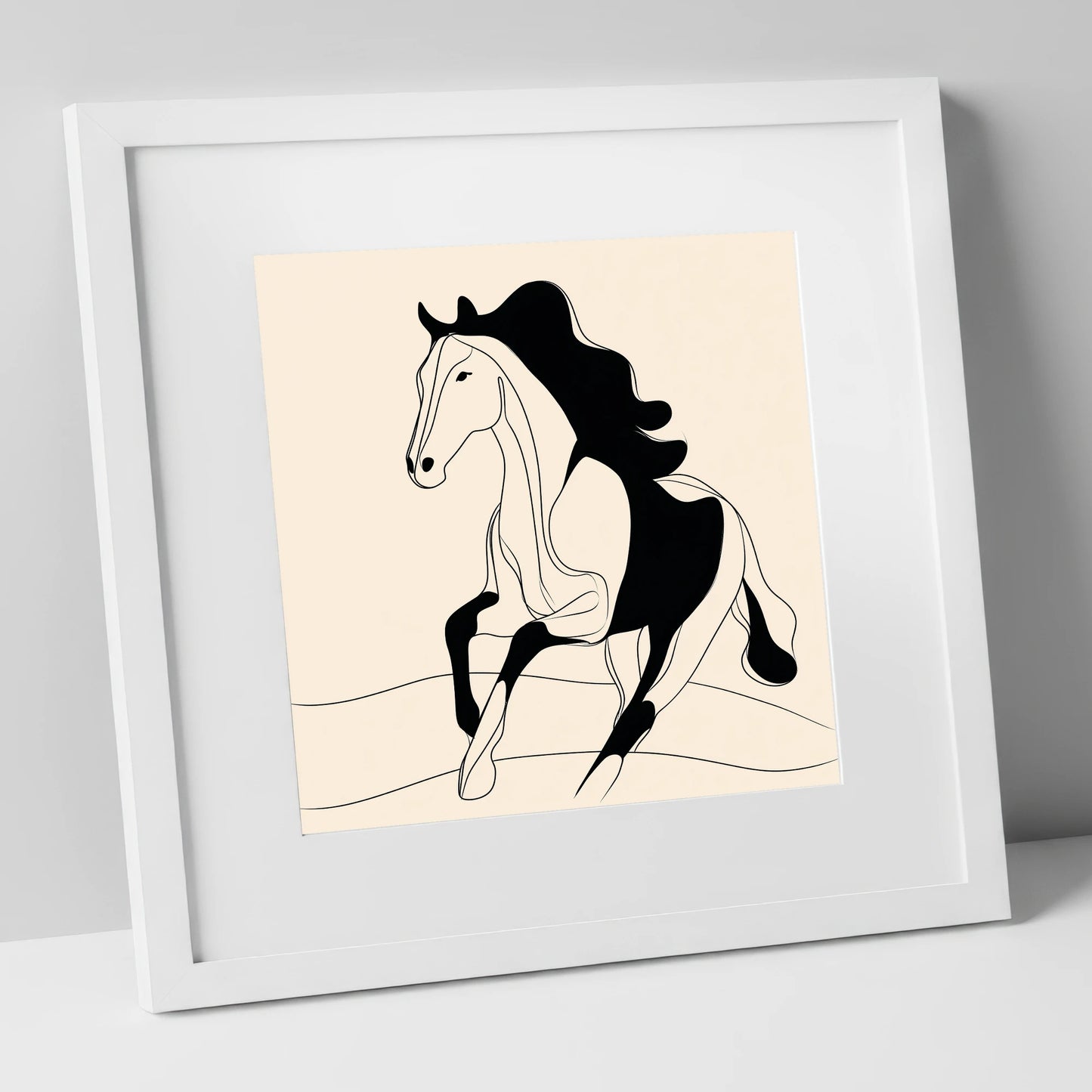 Dynamic Ink Silhouette horse portrait art print in white frame