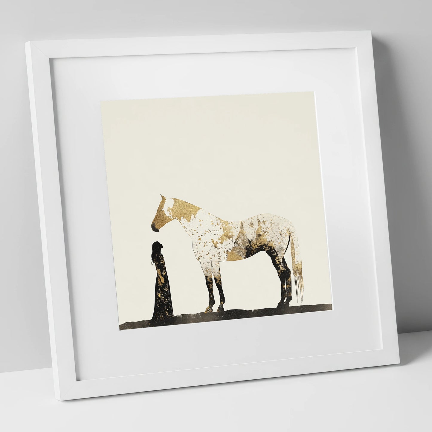 The Golden Bond horse & rider art print in white frame