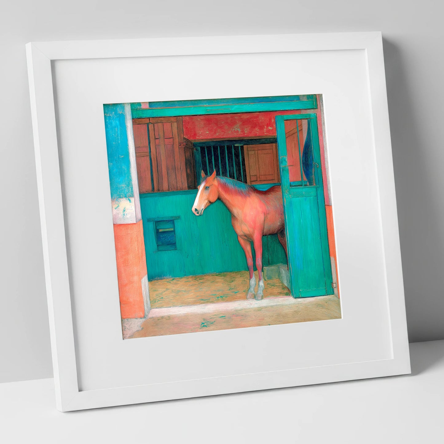The Emerald Stable Door horse stable art print in white frame