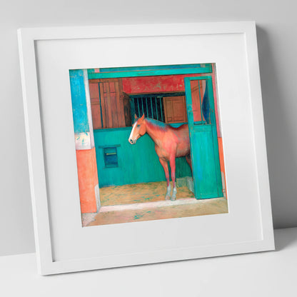 The Emerald Stable Door horse stable art print in white frame