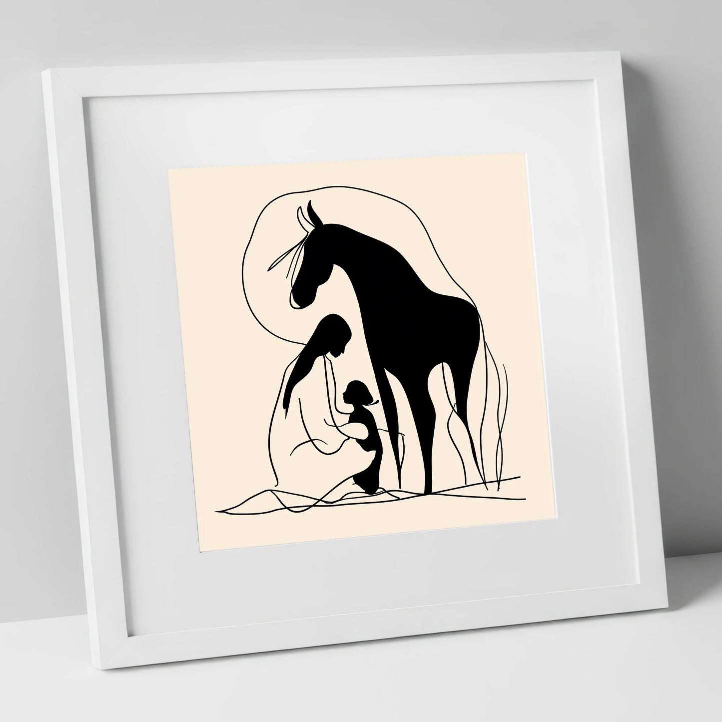 The Gentle Guardian horse & rider art print in white frame