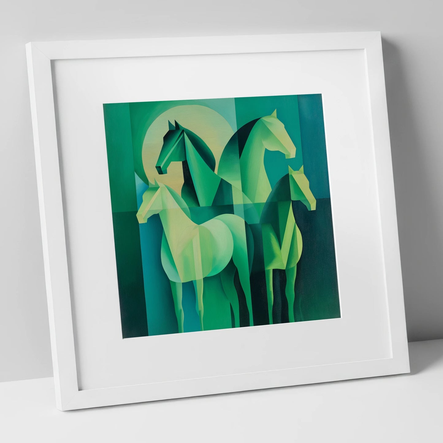 Emerald Herd Harmony wild horses art print in white frame