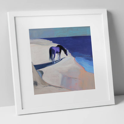 Indigo Coastal Solitude horse landscape art print in white frame