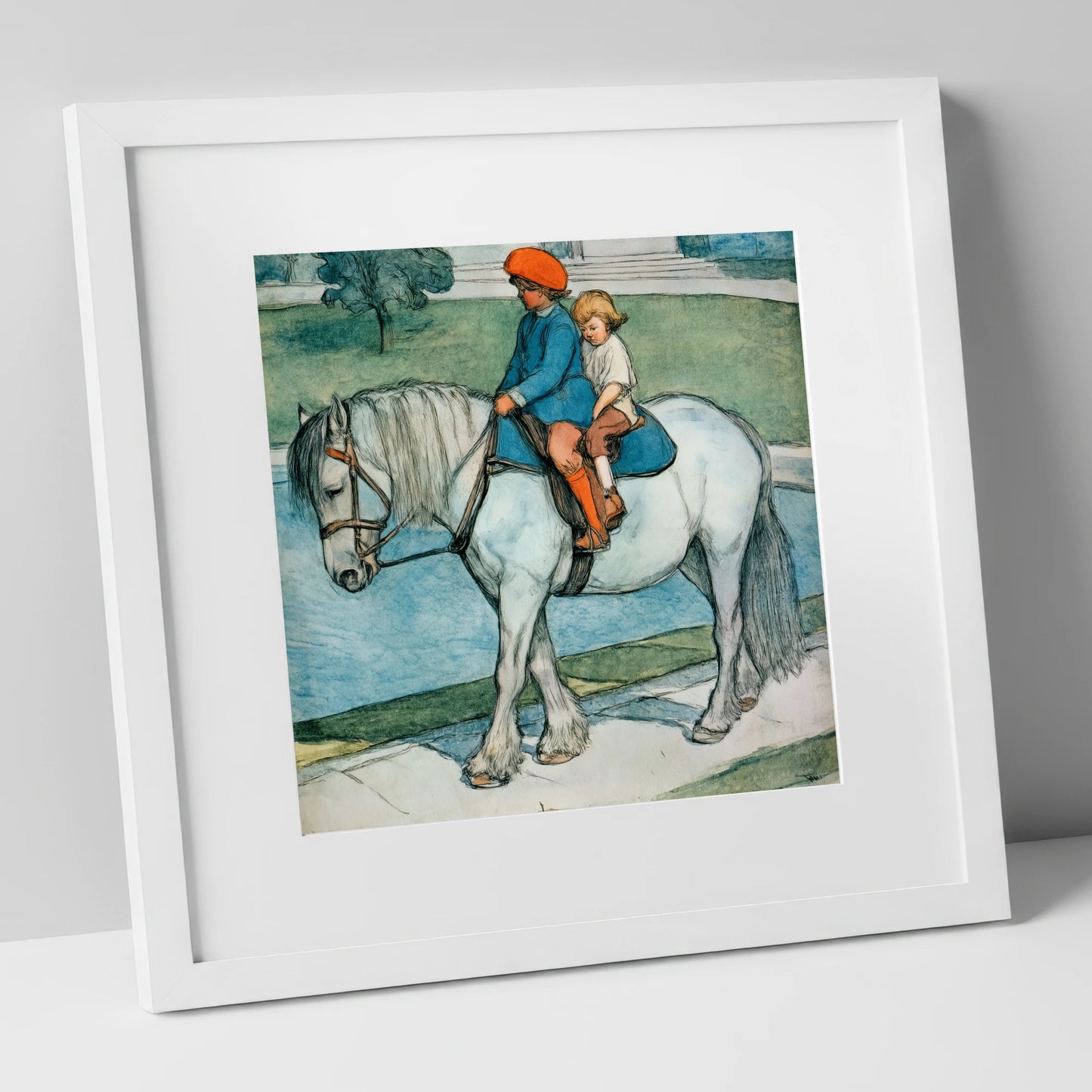 The Shared Ride horse & rider art print in white frame