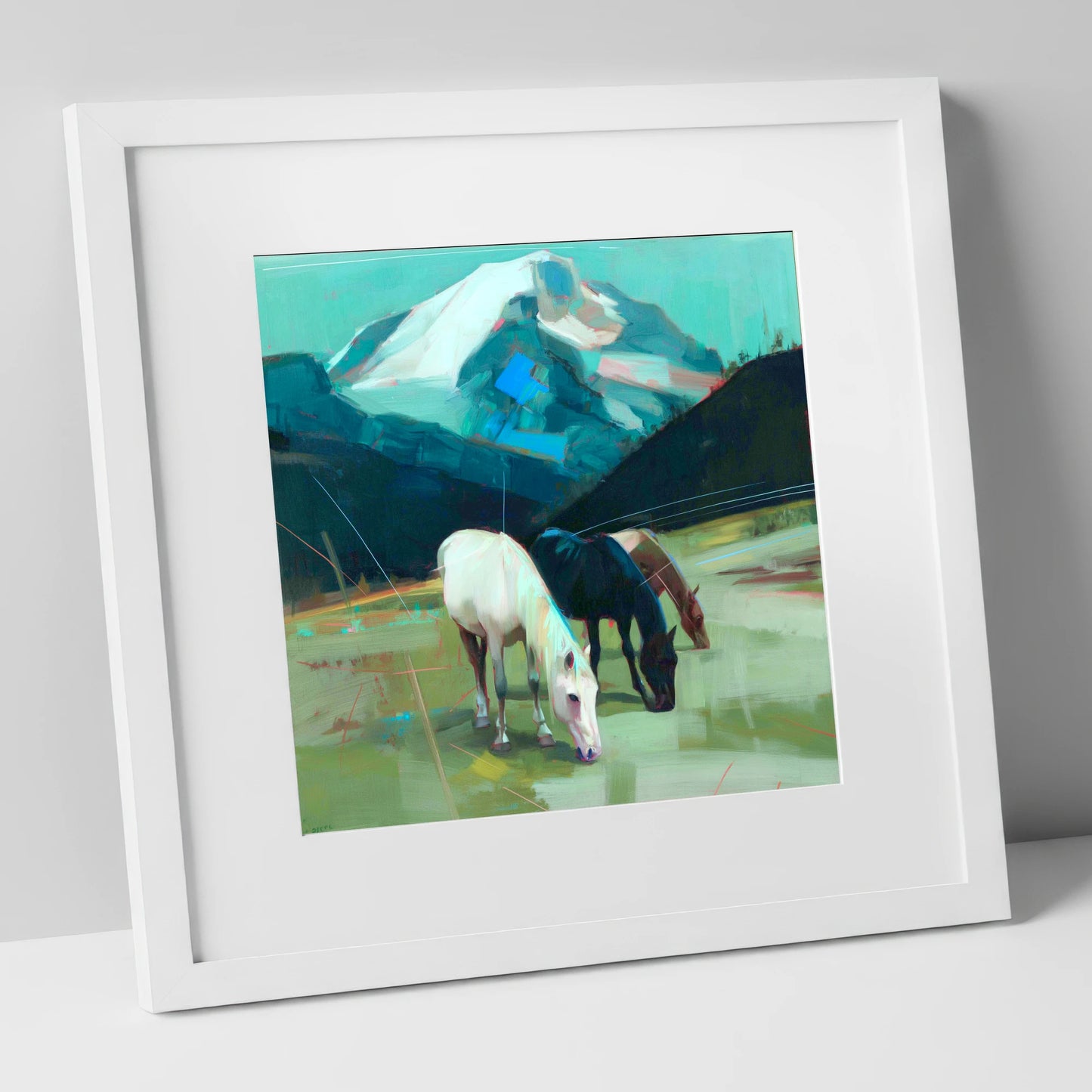 Teal Mountain Pasture horse landscape art print in white frame