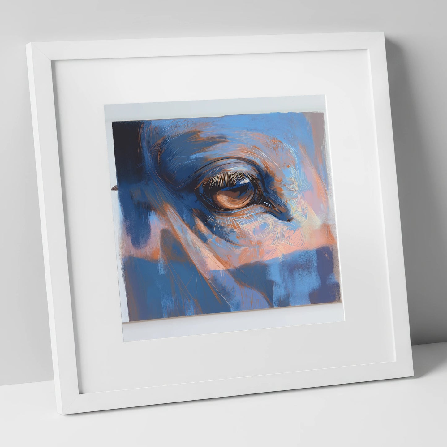 Soulful Azure Gaze horse portrait art print in white frame