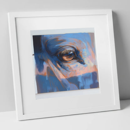 Soulful Azure Gaze horse portrait art print in white frame