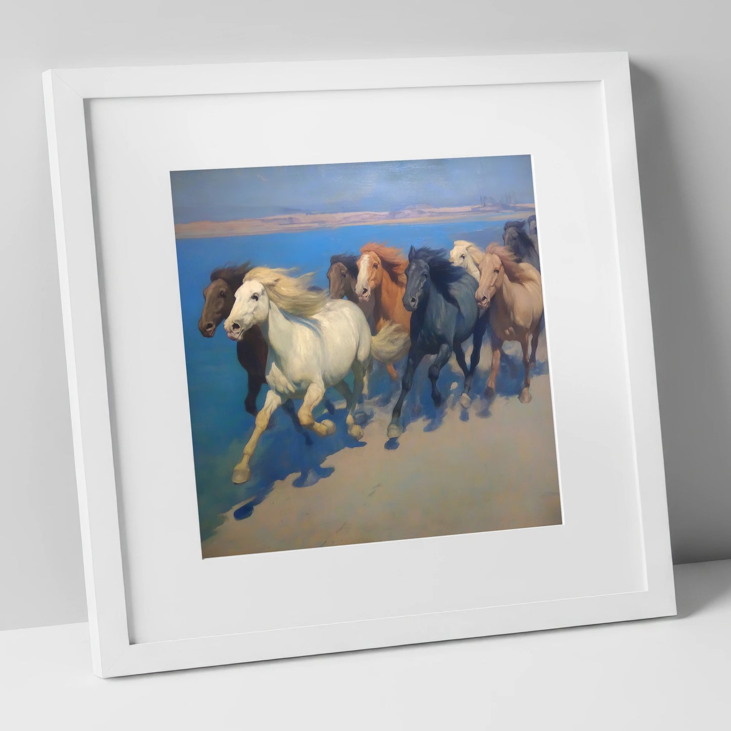 Azure Coastal Gallop wild horses art print in white frame