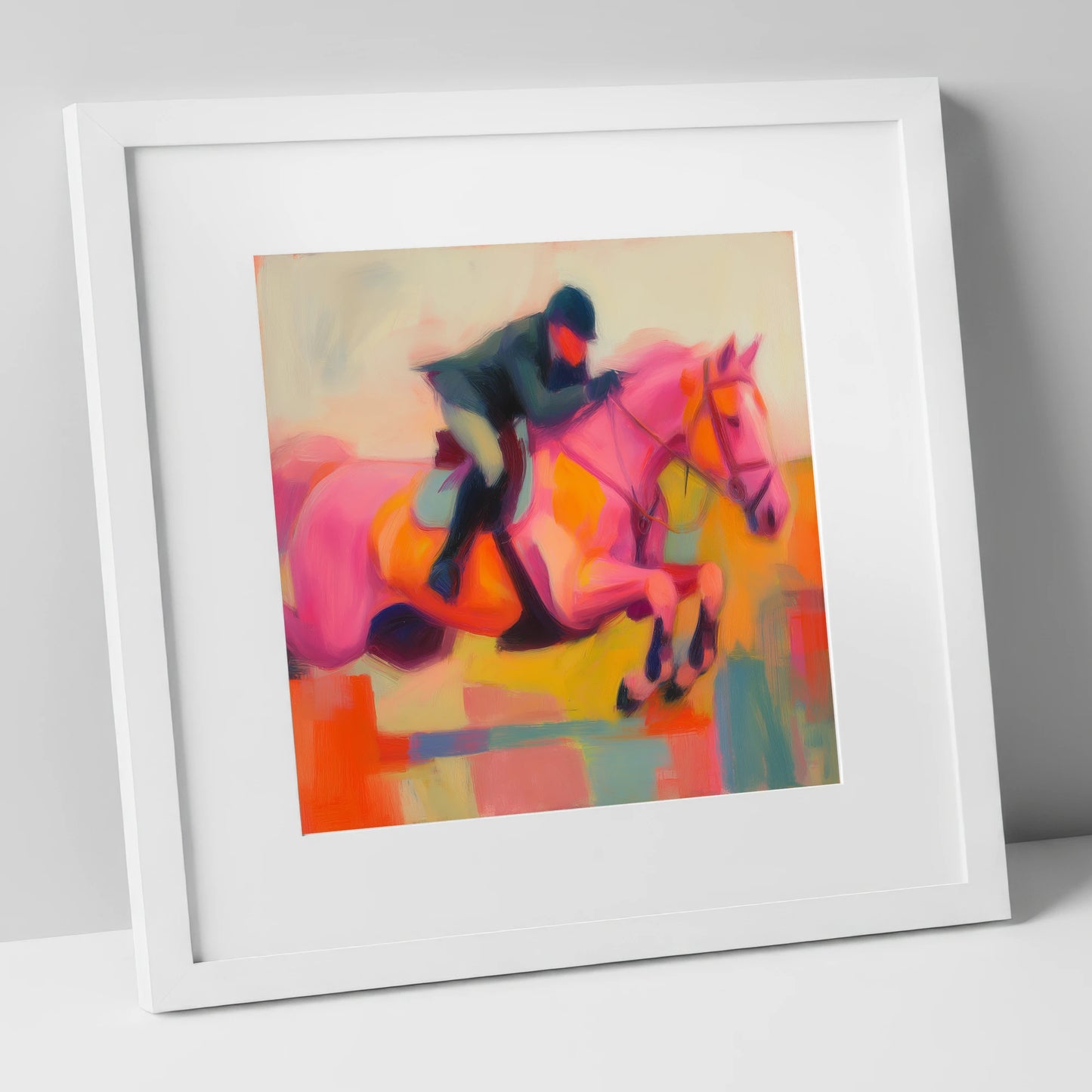 Vivid Ascent show jumping horse art print in white frame