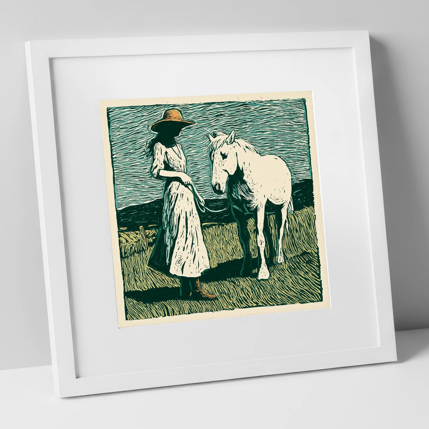 Windswept Companions horse & rider art print in white frame