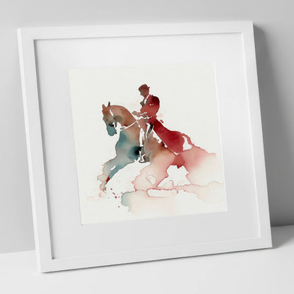 Crimson Passage dressage horse art print in white frame