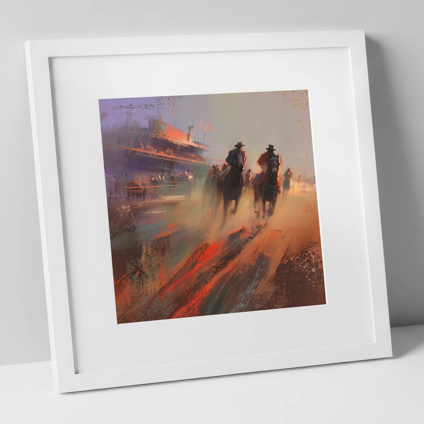 Thunder on the Track racing horse art print in white frame