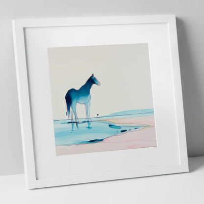 Ethereal Azure Equine horse landscape art print in white frame