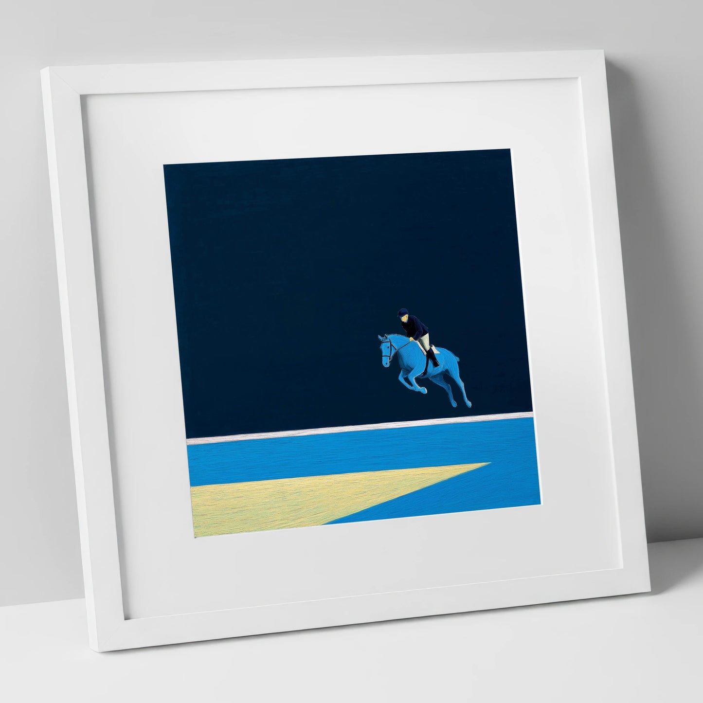 Midnight Blue Suspension show jumping horse art print in white frame