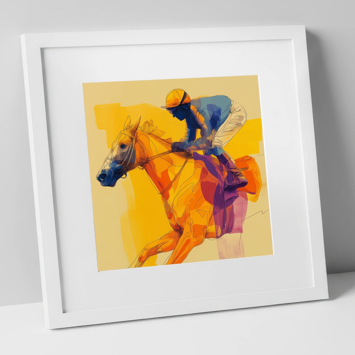 Golden Stride racing horse art print in white frame
