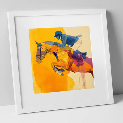 Vivid Golden Ascent show jumping horse art print in white frame