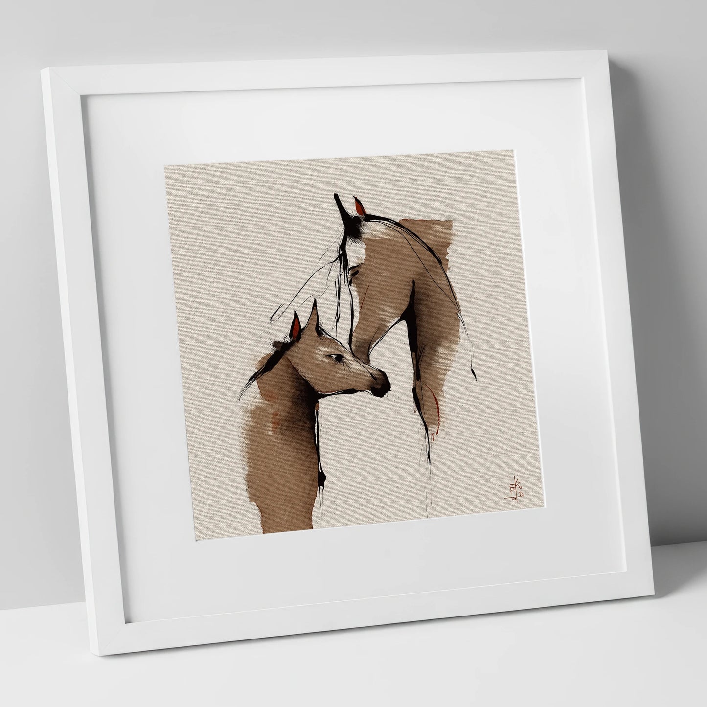 Silent Devotion mare & foal art print in white frame