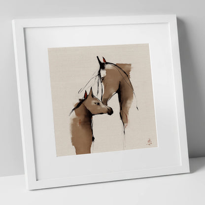 Silent Devotion mare & foal art print in white frame