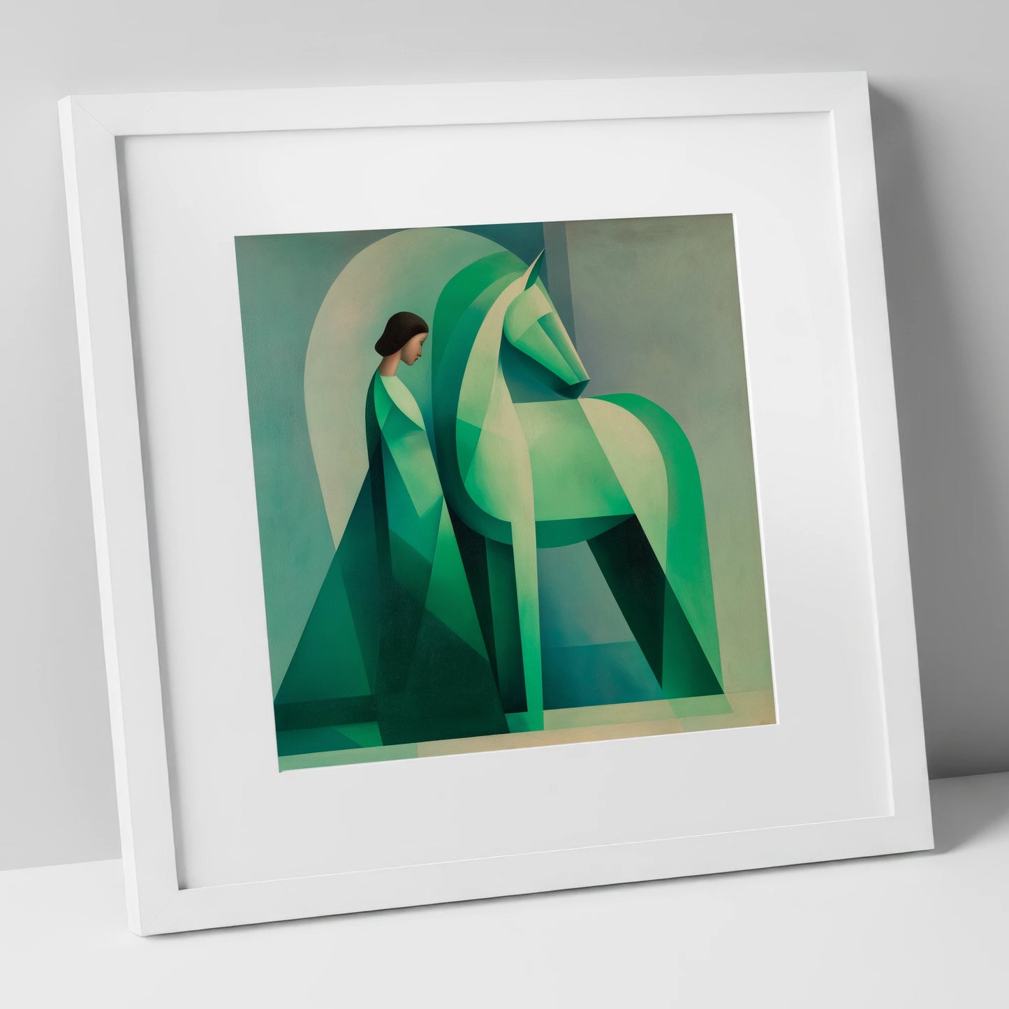 Facets of Connection horse & rider art print in white frame