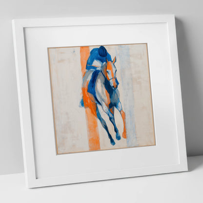 Velocity in Blue racing horse art print in white frame