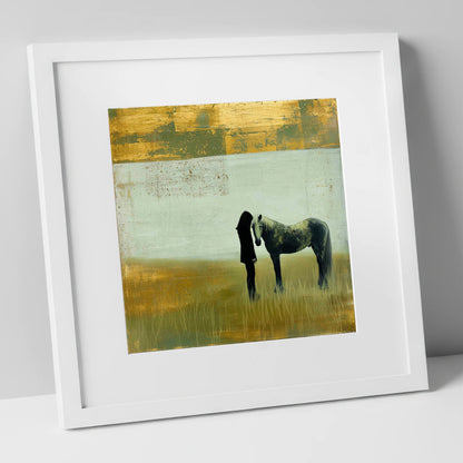 Silent Understanding horse & rider art print in white frame