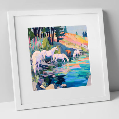 Kaleidoscope Watering Hole wild horses art print in white frame