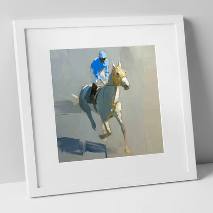 The Blue Silk Focus racing horse art print in white frame