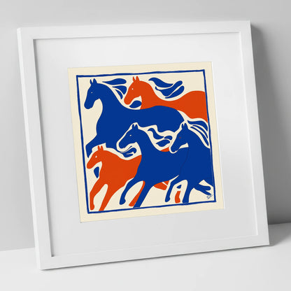 The Cobalt Herd wild horses art print in white frame