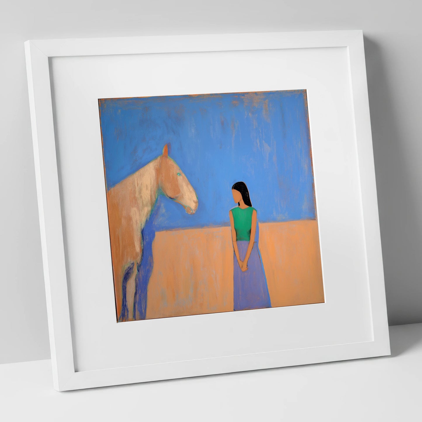 Silent Understanding horse & rider art print in white frame