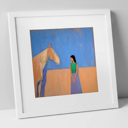 Silent Understanding horse & rider art print in white frame
